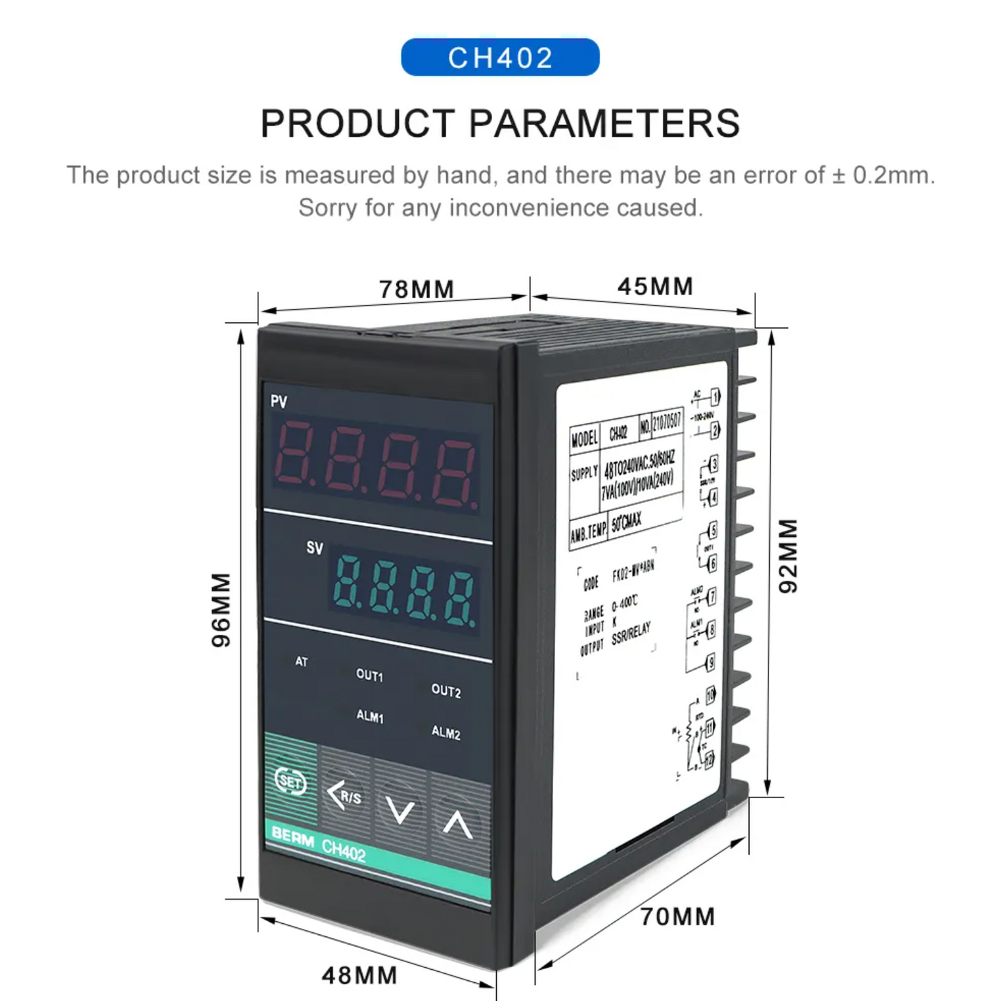 Controlador de temperatura BERM-CH402 48x96MM Controlador de indicador de temperatura digital para relé de salida mecánica o SSR