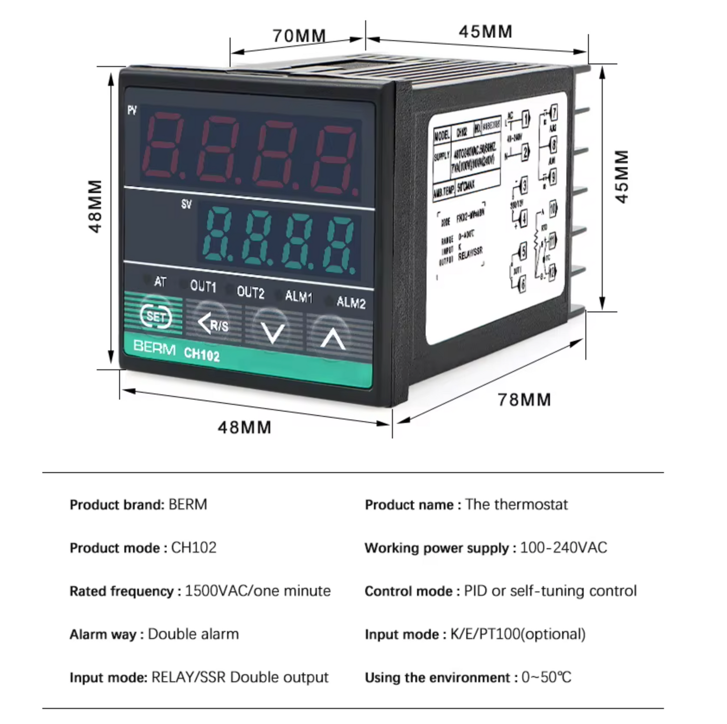 Controlador de temperatura BERM-CH102 48x48MM Controlador de indicador de temperatura digital para relé de salida mecánica o SSR