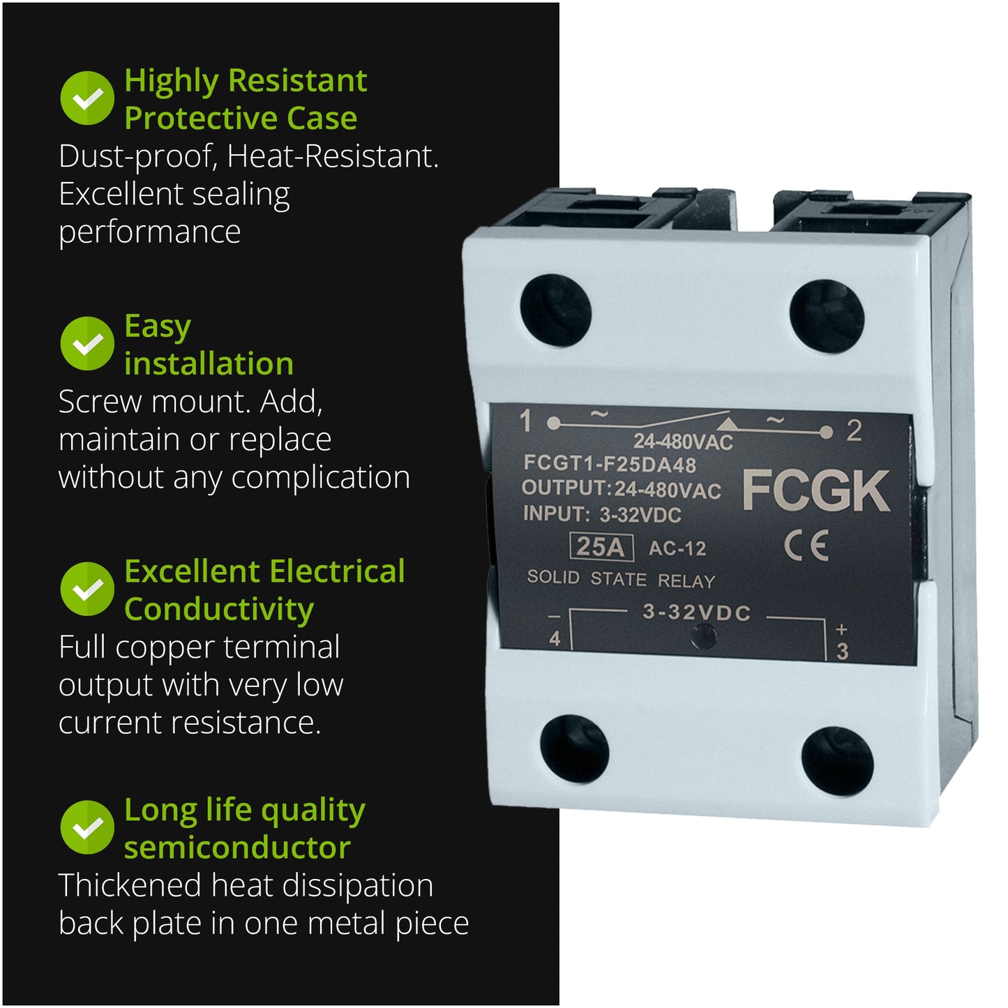 Solid State Relay FCGK SSR - 25DA DC to AC Input 3 - 32VDC to Output 24 - 480VAC 25A Single Phase Plastic Cover - Sumiempaques Corp.