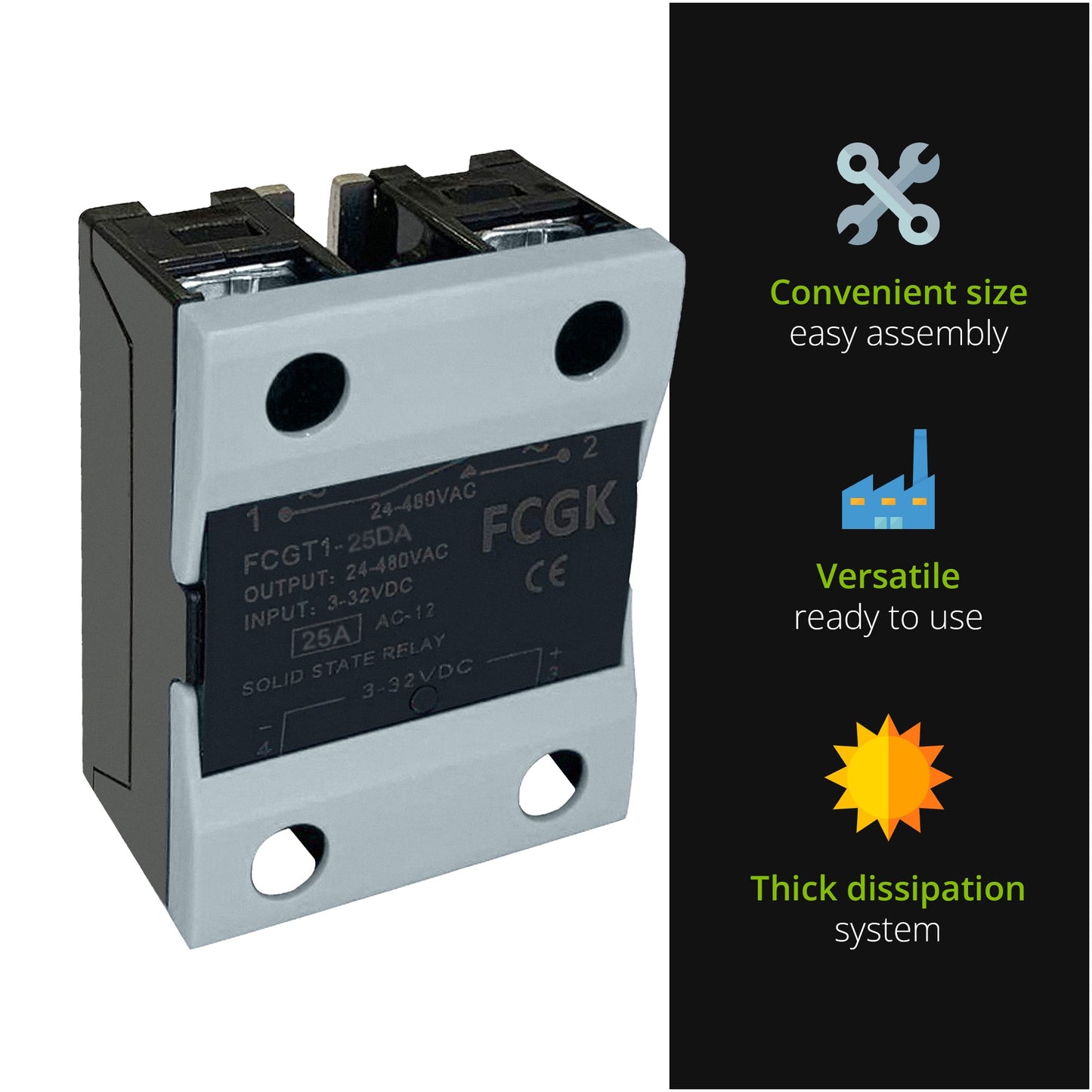 Solid State Relay FCGK SSR - 25DA DC to AC Input 3 - 32VDC to Output 24 - 480VAC 25A Single Phase Plastic Cover - Sumiempaques Corp.